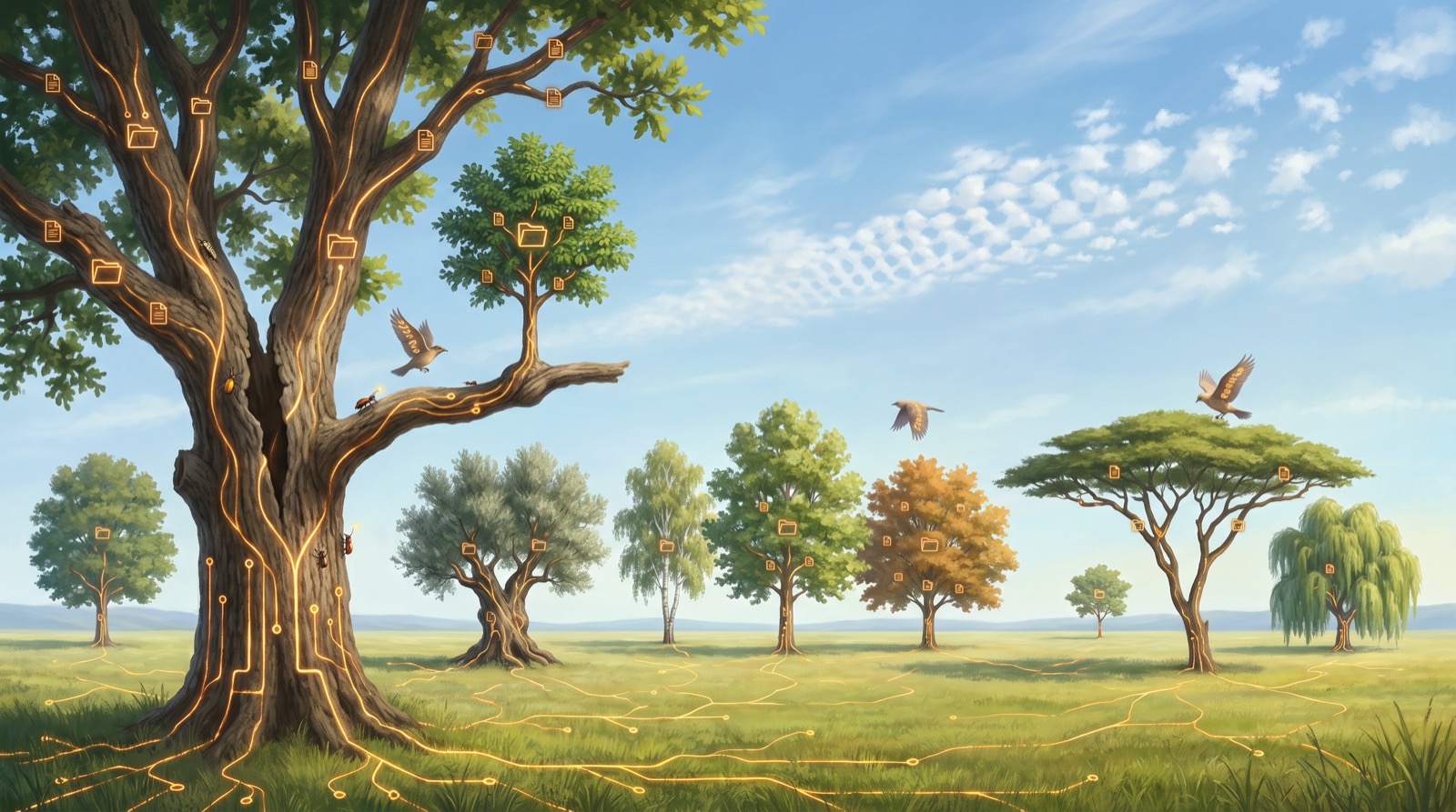Painting of trees of different species sharing one glowing golden root network in open grassland, with birds carrying threads of script flying between the canopies under a partly clouded sky.
